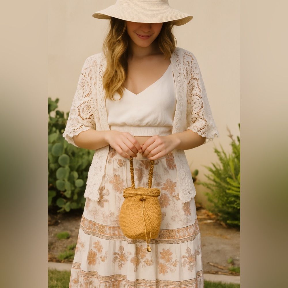 Vtg Sun & Sand Straw Woven Bucket Bag with Wooden Bead Handle Boho Coastal Style